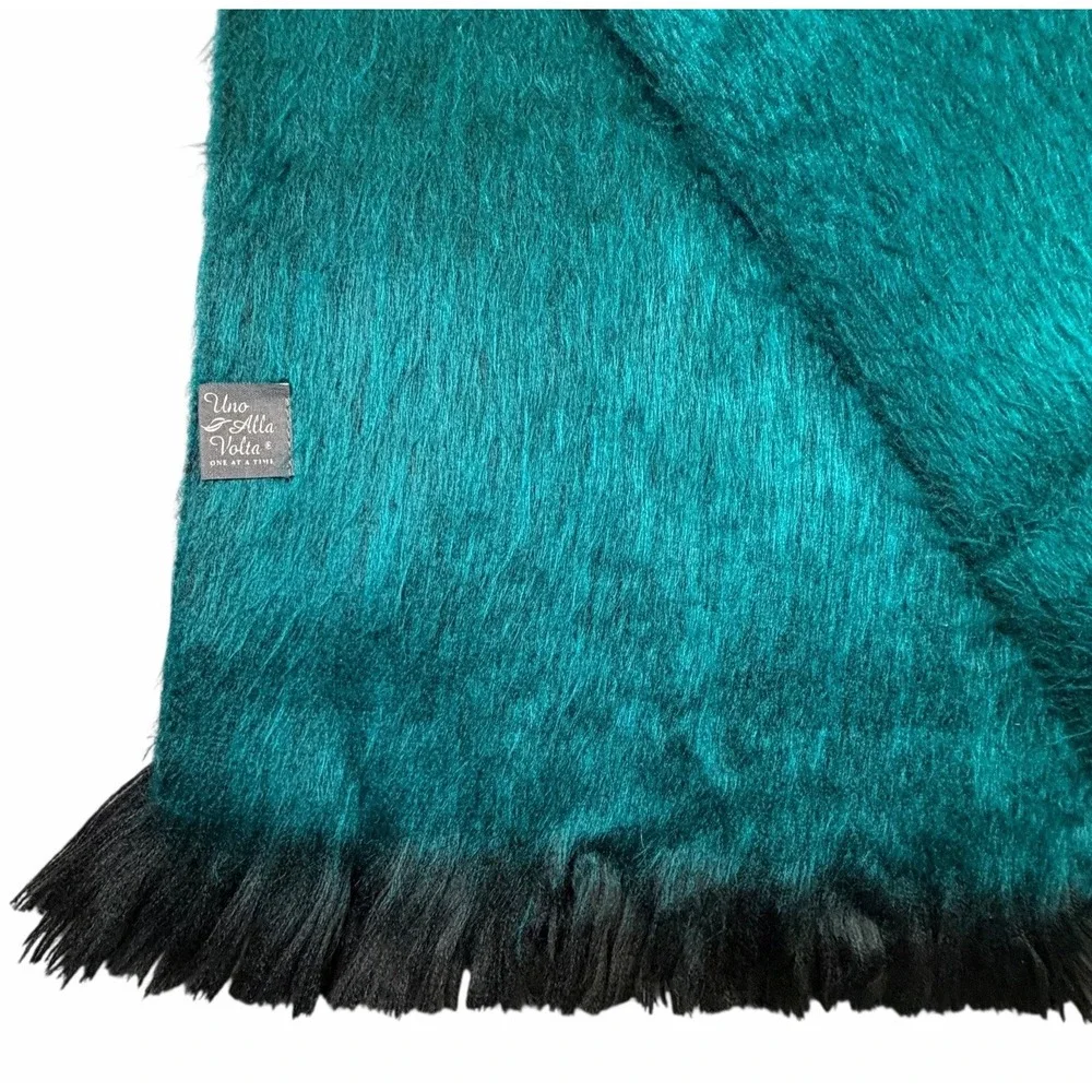 Uno Alla Volta Alpaca Blend Scarf Dark Turquoise Black Fringe Luxury 78